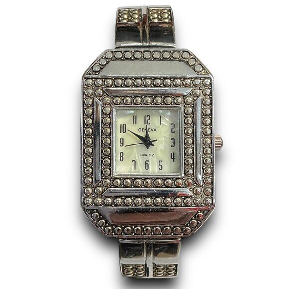 Geneva Y2K Vintage Silver Tone Square Face Bangle Cuff Bracelet Watch main image 4